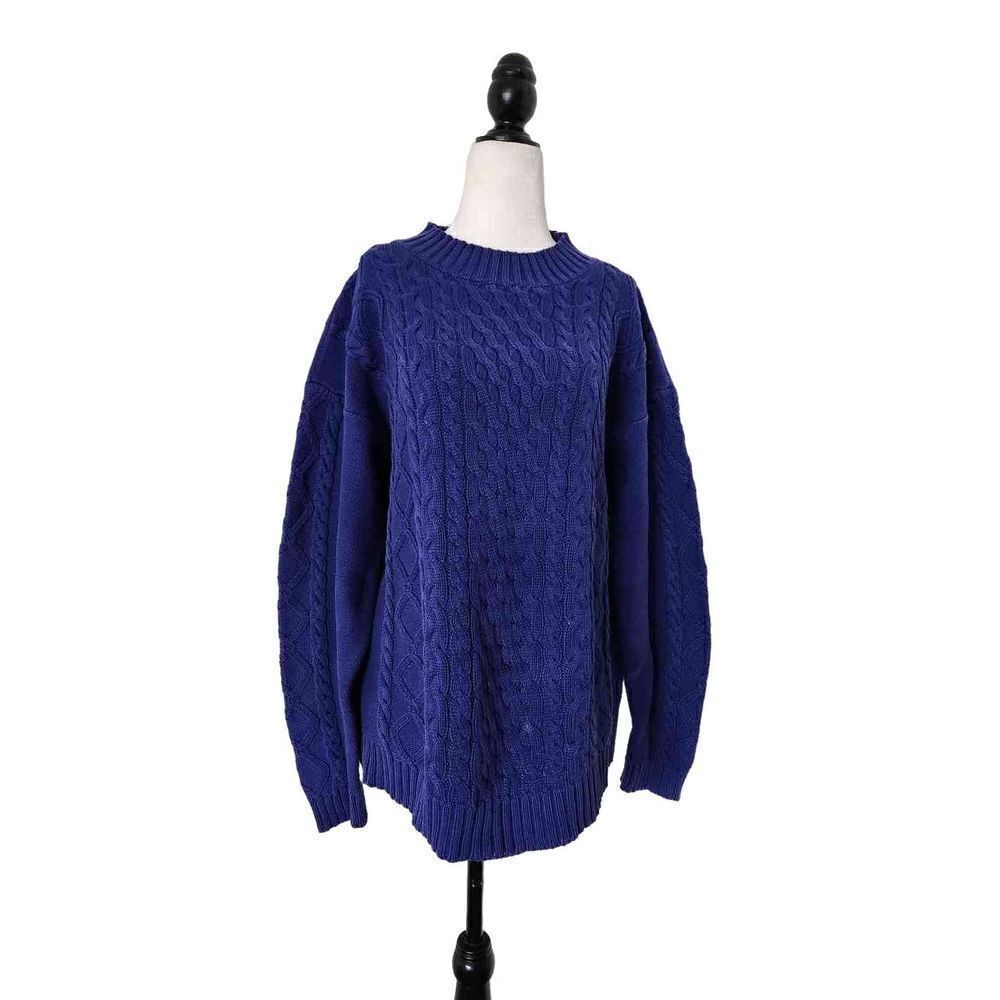Blue 80s Cowl Neck Cotton Size Large Pullover Cableknit Sweater Blue Size Large